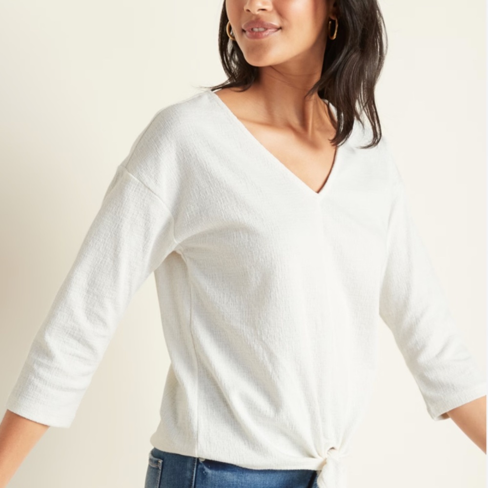 Old Navy Sea Salt Cream Textured V-Neck 3/4 Sleeve Tie-Front Top M